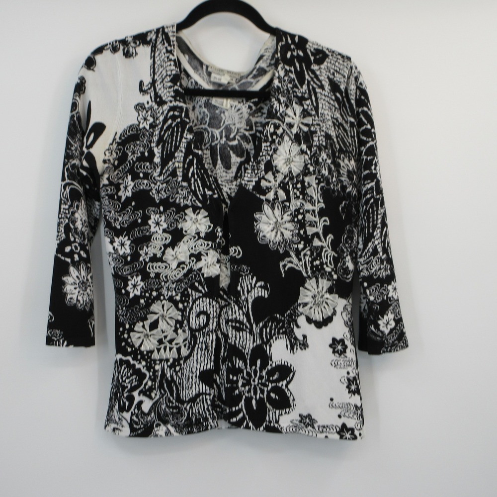Alberto Makali Black White Floral Twin Set Cardigan Tank 3D Flower Bead Size M
